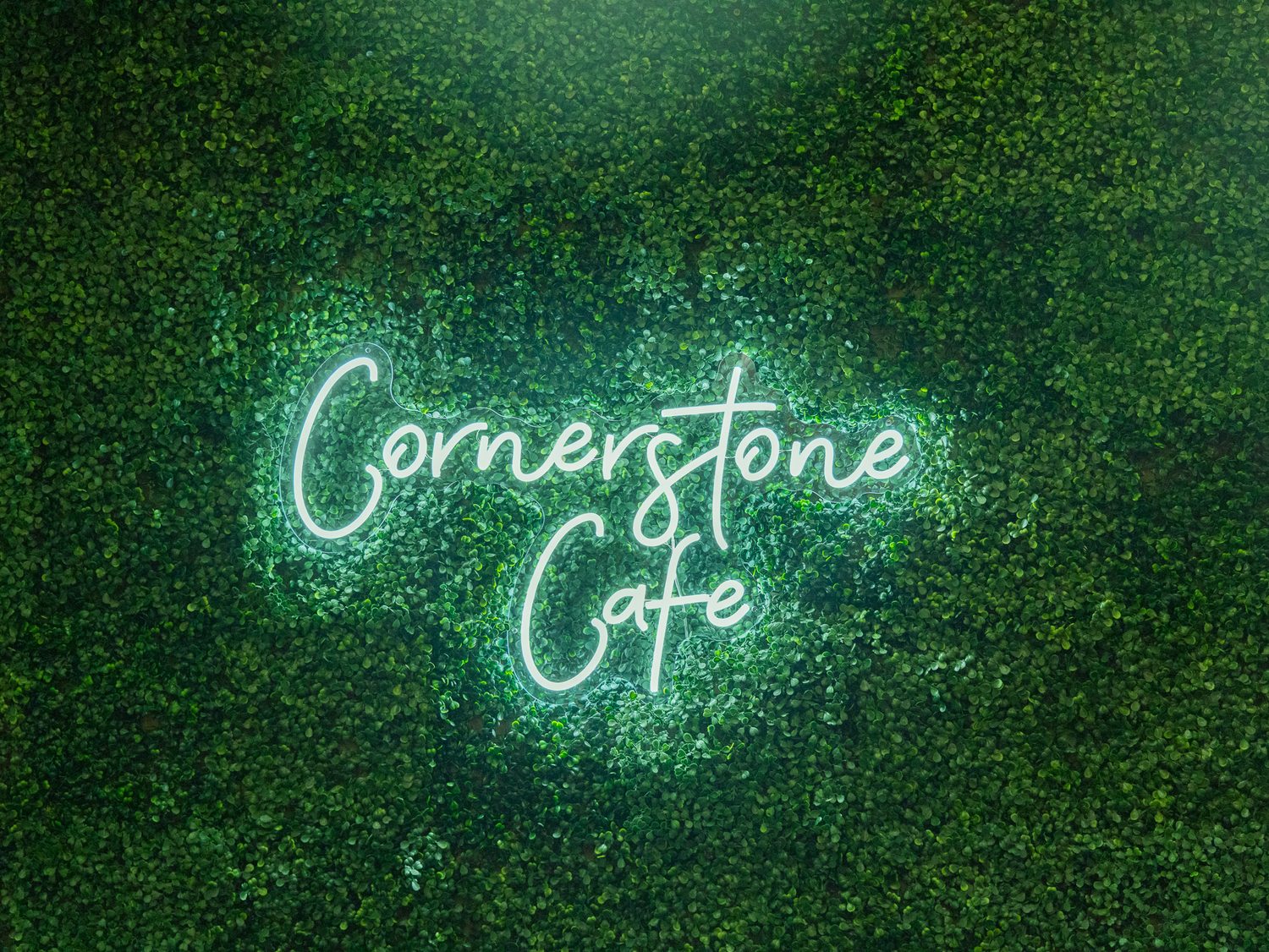 The glowing Cornerstone Café neon sign on a green ivy wall inside the café